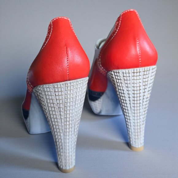 NWOT PERA DONNA ( 7.5 ) Red/White/Blue Gold Detail Lace Up Distressed Heels - Picture 4 of 10